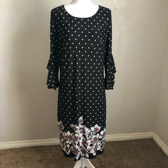 Sandra Darren Polka Dot Shift Dress with Floral Bottom 14 Black White Red - Picture 1 of 15